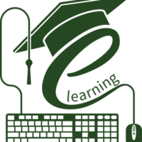 graphic of a mortarboard, graduation hat, keyboard and mouse, with the wire forming the letter e, containing the word learning