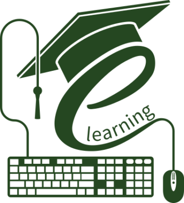 graphic of a mortarboard, graduation hat, keyboard and mouse, with the wire forming the letter e, containing the word learning