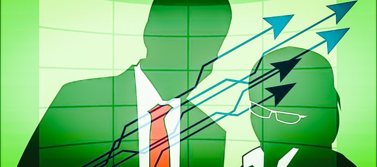 Graphic of a business man and woman, with arrows pointing up to symbolise growth